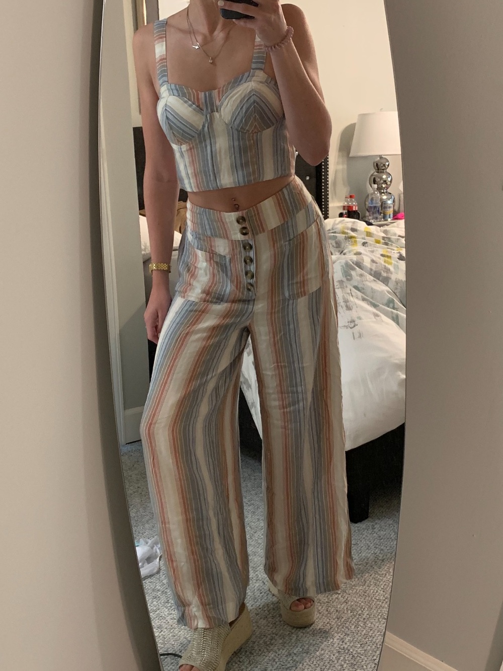 American Eagle Striped Set: High-Waist Wide Leg Pants & Top in Multi-Color